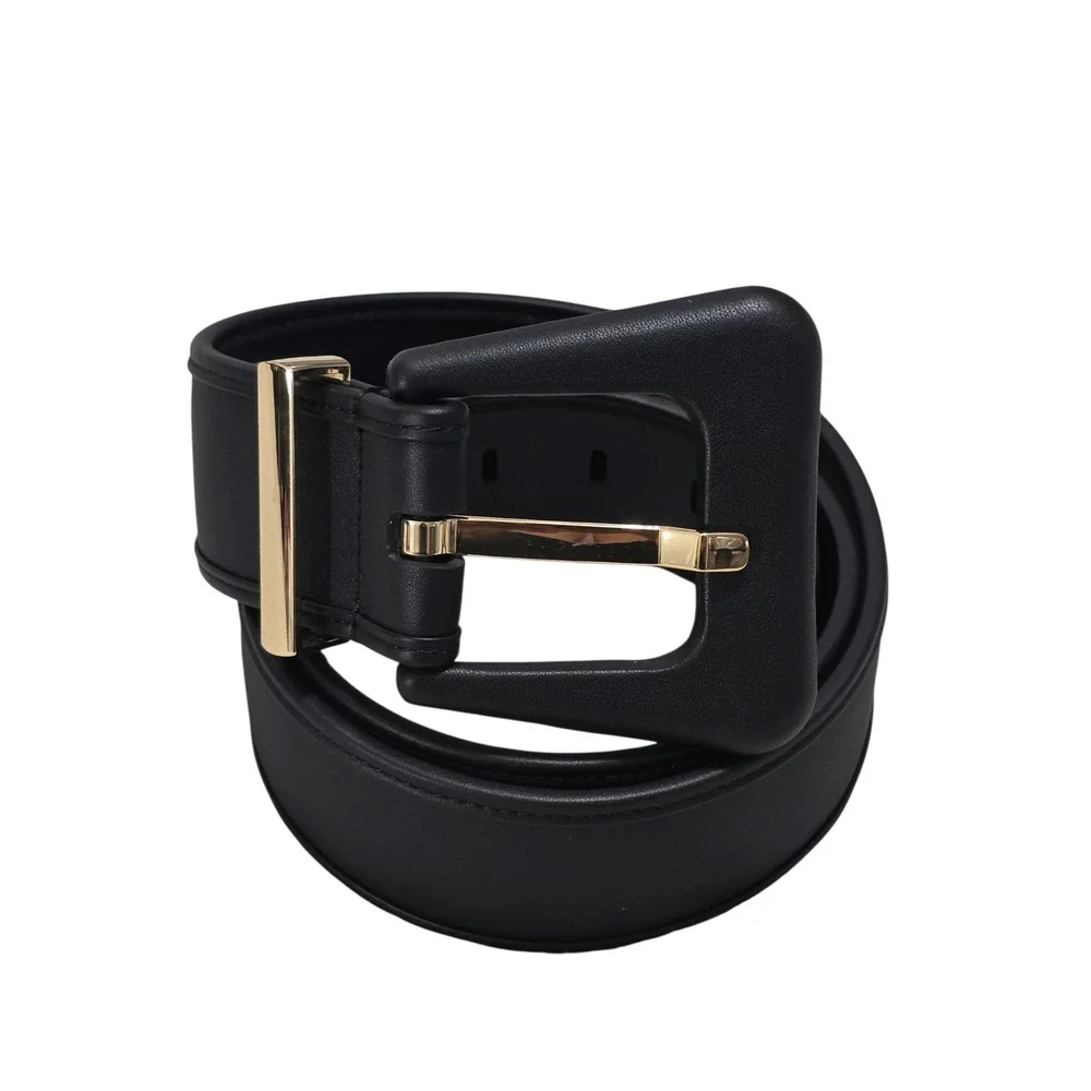 Cabi Black Genuine Leather Belt Gold Hardware Large Wide Buckle 4802